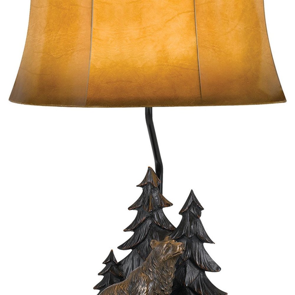 29" Antiqued Bronze Novelty Table Lamp With Brown Bell Shade. Table lamp isolated on a plain white background, showing its brown color.