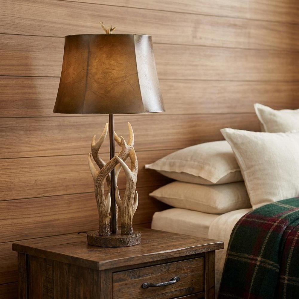33" Brown Antlers Table Lamp With Brown Drum Shade displayed on a tabletop in a furnished interior against a tan wall.