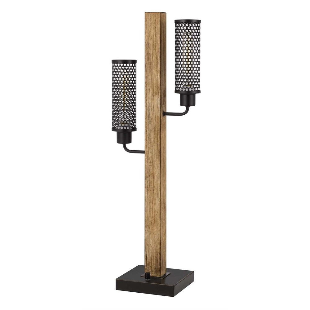 32" Gray Metal Two Light Table Lamp With Black Novelty Shade. Table lamp isolated on a plain white background, in a black metal finish.