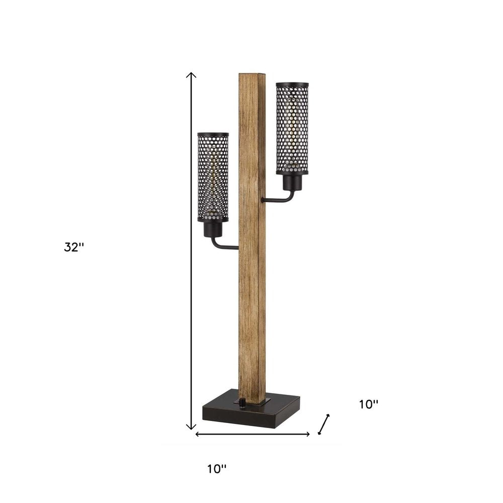32" Gray Metal Two Light Table Lamp With Black Novelty Shade. Table lamp isolated on a plain white background, finished in gray metal.