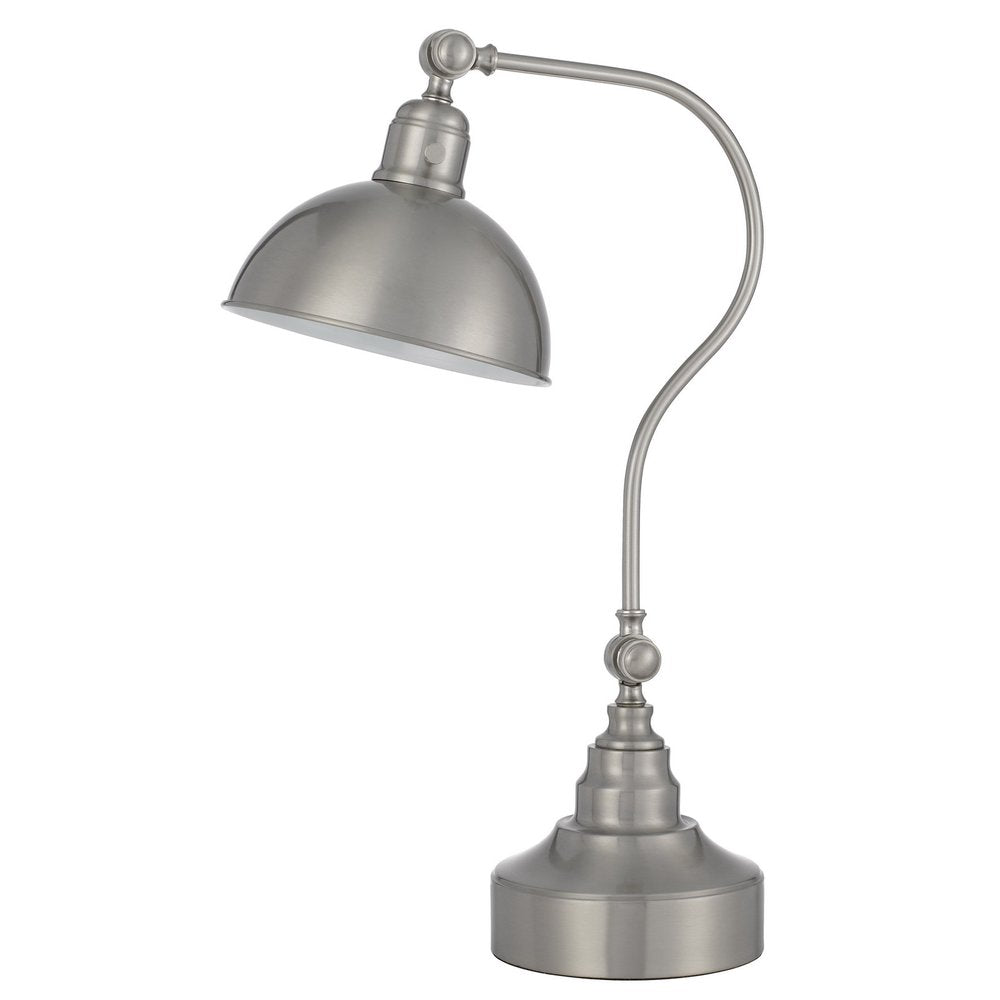 25" Nickel Metal Lantern Desk Table Lamp With Nickel Dome Shade. Table lamp isolated on a plain white background, in a silver metal finish.