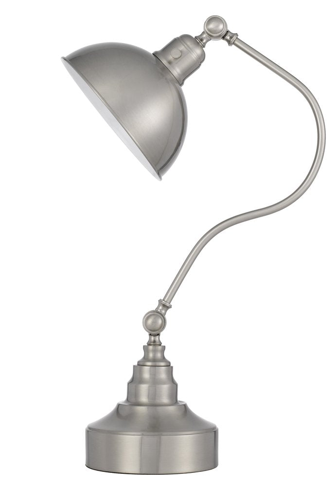 25" Nickel Metal Lantern Desk Table Lamp With Nickel Dome Shade. Table lamp isolated on a plain white background, finished in silver metal.
