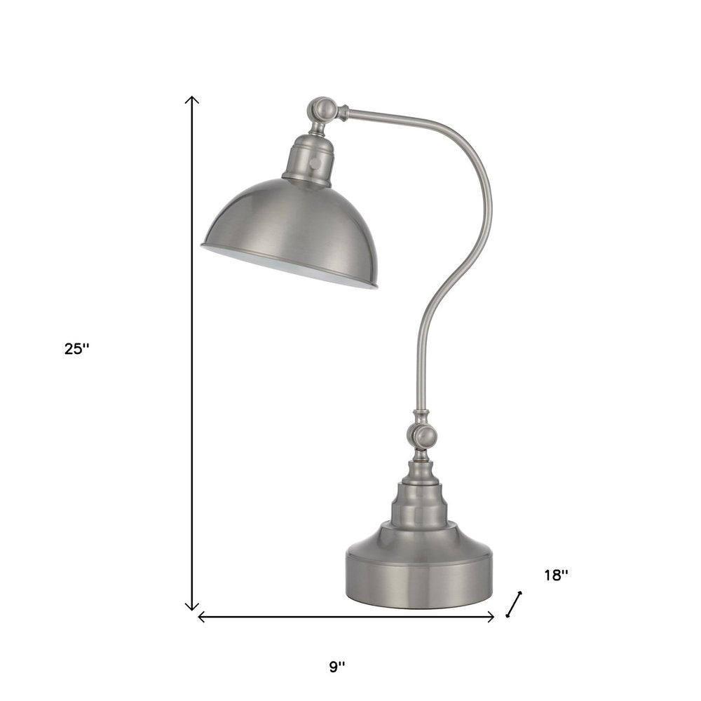 25" Nickel Metal Lantern Desk Table Lamp With Nickel Dome Shade. Table lamp isolated on a plain white background, finished in silver metal.