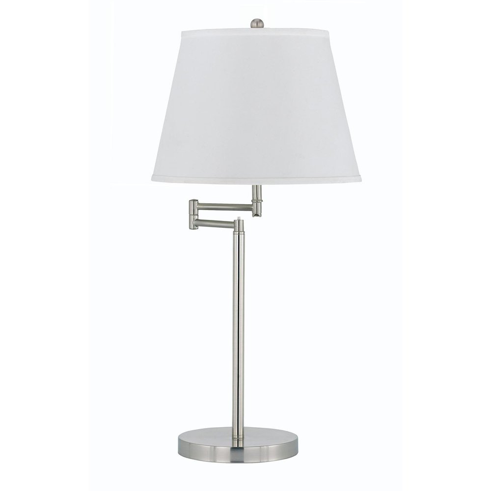 28" Nickel Metal Table Lamp With Off White Empire Shade. Table lamp isolated on a plain white background, in a off-white metal finish.