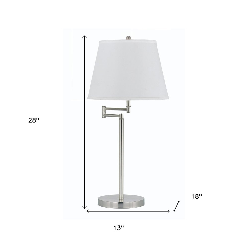 28" Nickel Metal Table Lamp With Off White Empire Shade. Table lamp isolated on a plain white background, in a off-white metal finish.