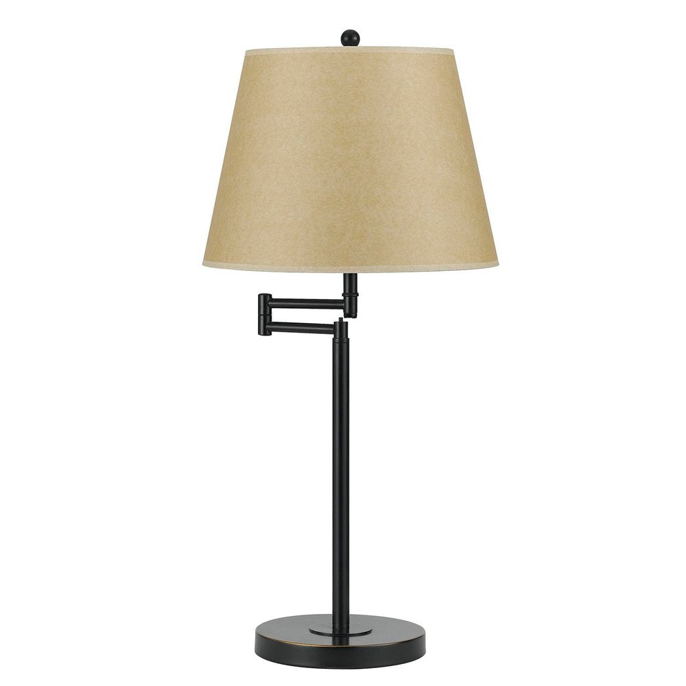 27" Bronze Metal Table Lamp With Tan Empire Shade. Table lamp isolated on a plain white background, showing a metal surface.