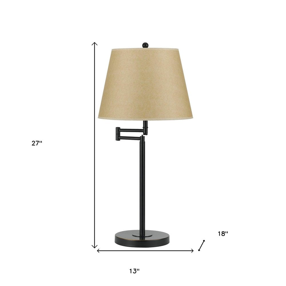 27" Bronze Metal Table Lamp With Tan Empire Shade. Table lamp isolated on a plain white background, showing a metal surface.