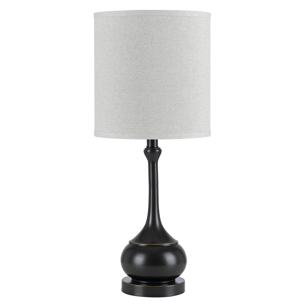 25" Blackened Bronze Metal Round Table Lamp With Off White Drum Shade. Table lamp isolated on a plain white background, in a off-white metal finish.