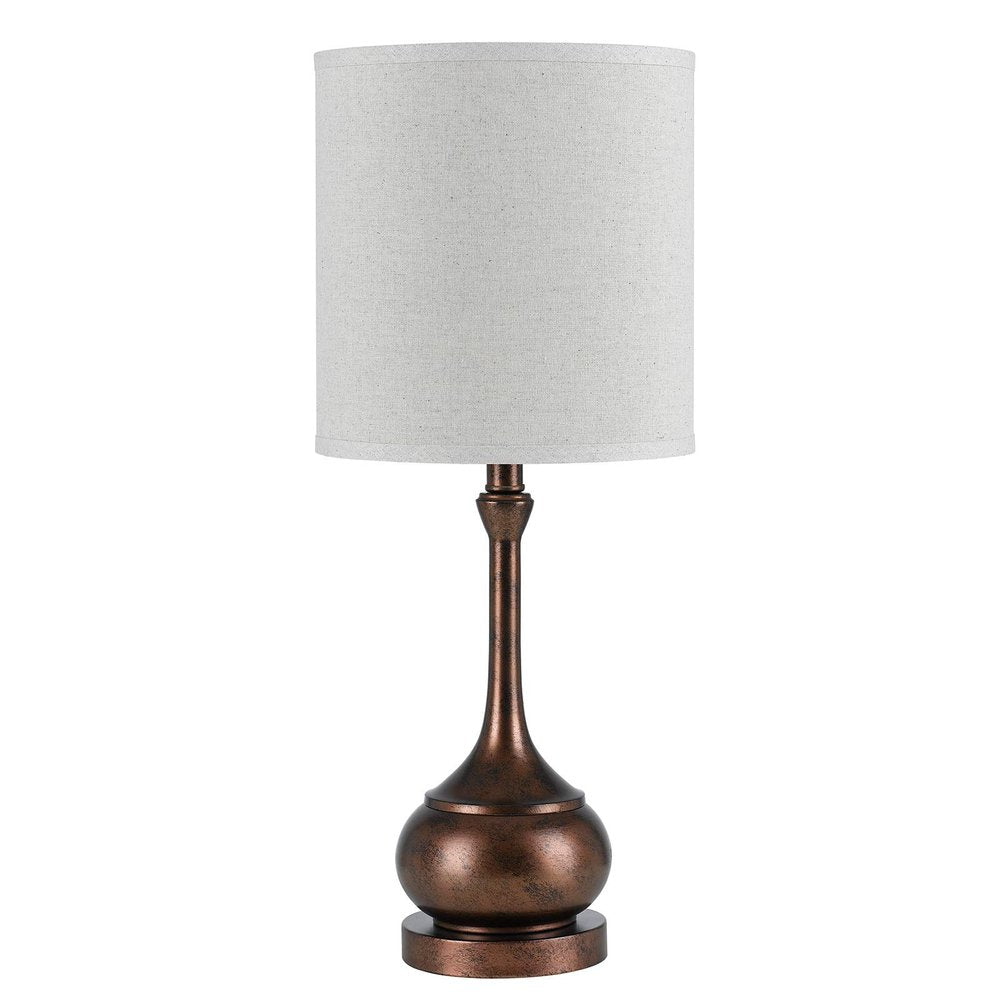 25" Rust Metal Round Table Lamp With White Drum Shade. Table lamp isolated on a plain white background, in a white metal finish.