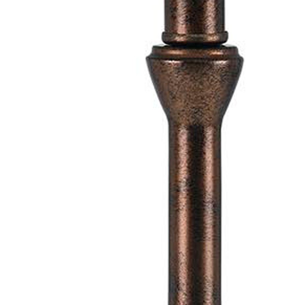 25" Rust Metal Round Table Lamp With White Drum Shade. Table lamp isolated on a plain white background, showing a metal surface.