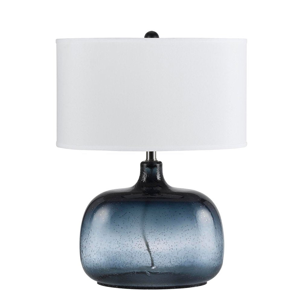 24" Dark Blue Glass Table Lamp With White Novelty Shade. Table lamp isolated on a plain white background, in a white glass finish.