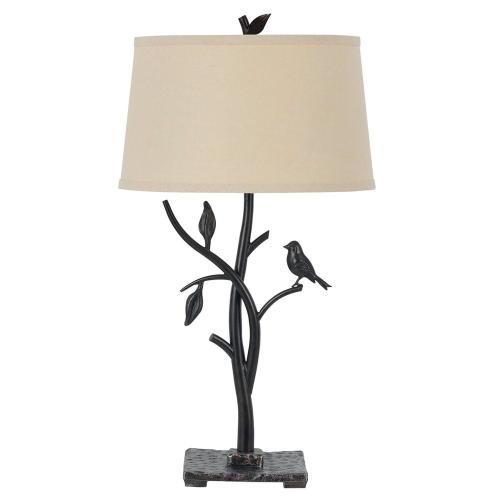 29" Tan Metal Table Lamp With Tan Empire Shade. Table lamp isolated on a plain white background, in a cream metal finish.