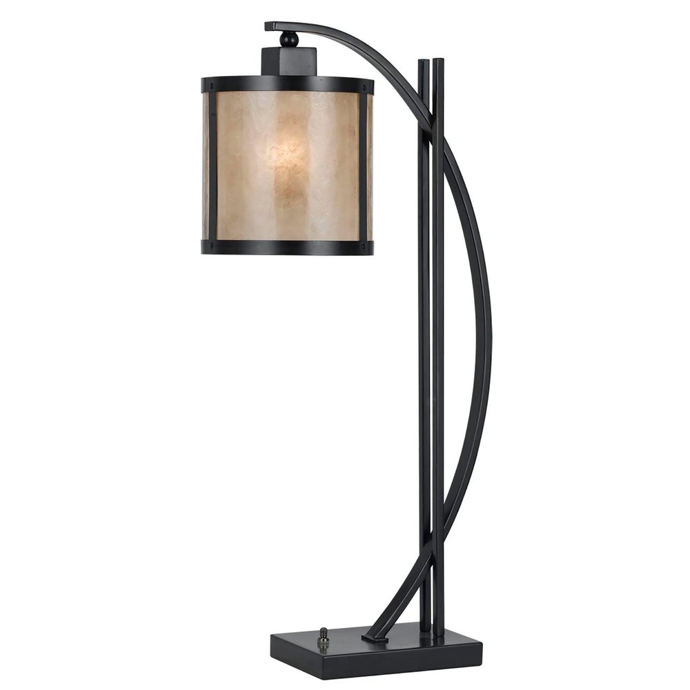 26" Black Metal Lantern Table Lamp With White Drum Shade. Table lamp isolated on a plain white background, in a black metal finish.