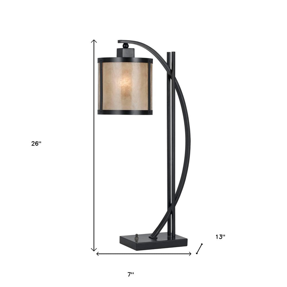 26" Black Metal Lantern Table Lamp With White Drum Shade. Table lamp isolated on a plain white background, in a black metal finish.