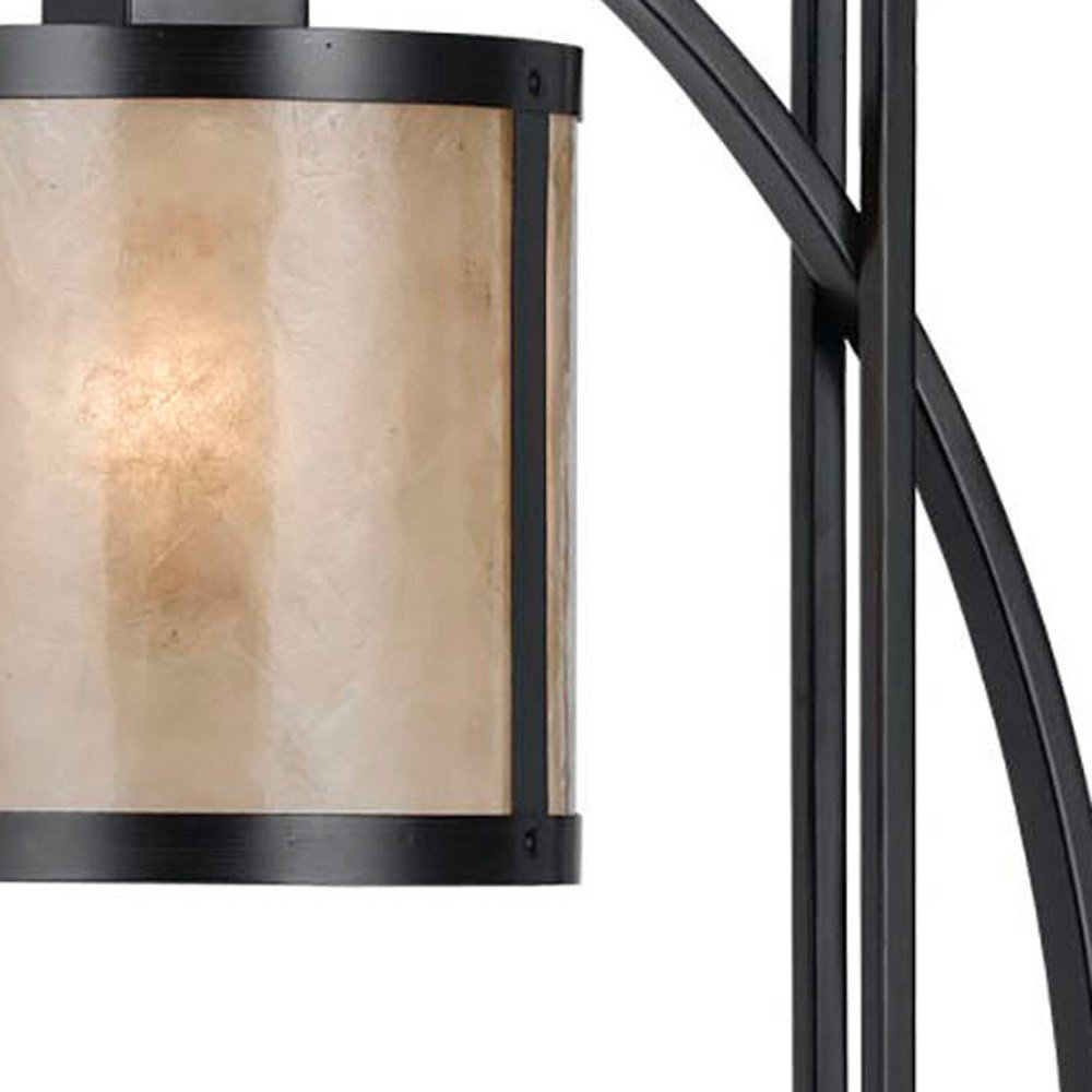 26" Black Metal Lantern Table Lamp With White Drum Shade. Table lamp isolated on a plain white background, showing a black metal surface.