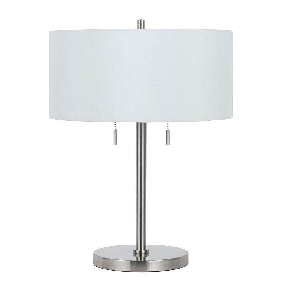 24" Nickel Metal Two Light Table Lamp With White Empire Shade. Table lamp isolated on a plain white background, showing a silver metal surface.