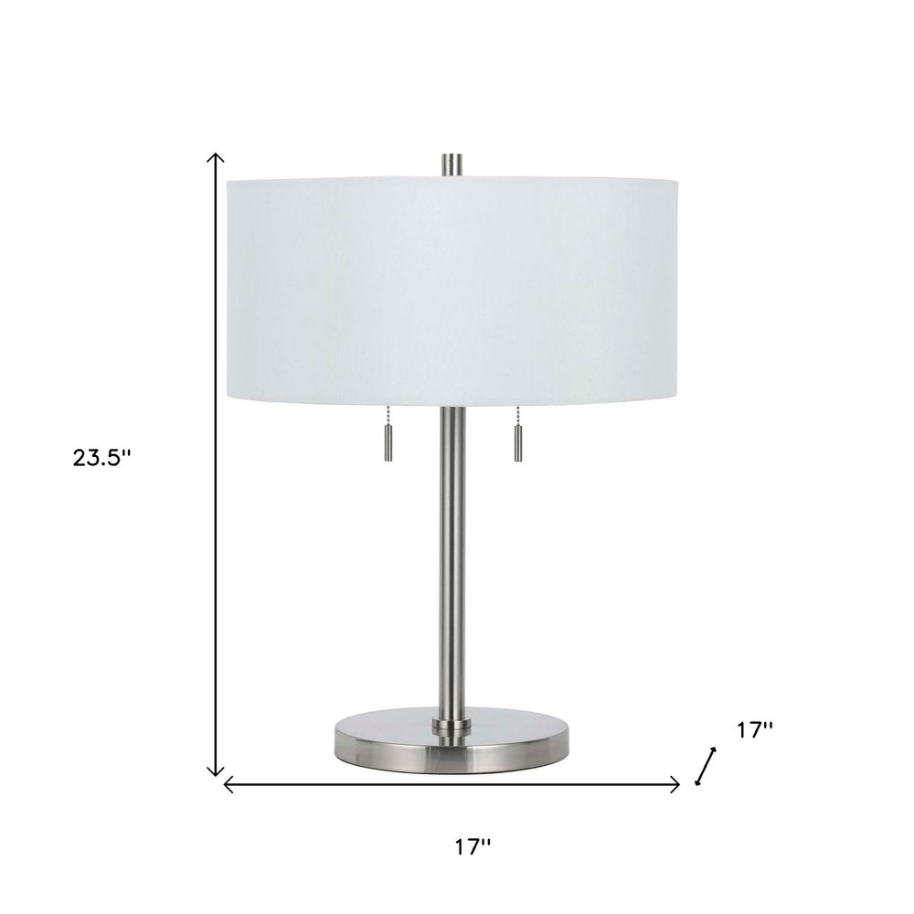 24" Nickel Metal Two Light Table Lamp With White Empire Shade. Table lamp isolated on a plain white background, finished in silver metal.