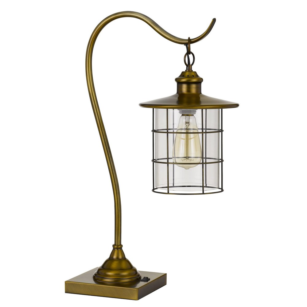 25" Antiqued Brass Metal Lantern Desk Lamp With Antiqued Brass Drum Shade. Lamp isolated on a plain white background, showing a metal surface.