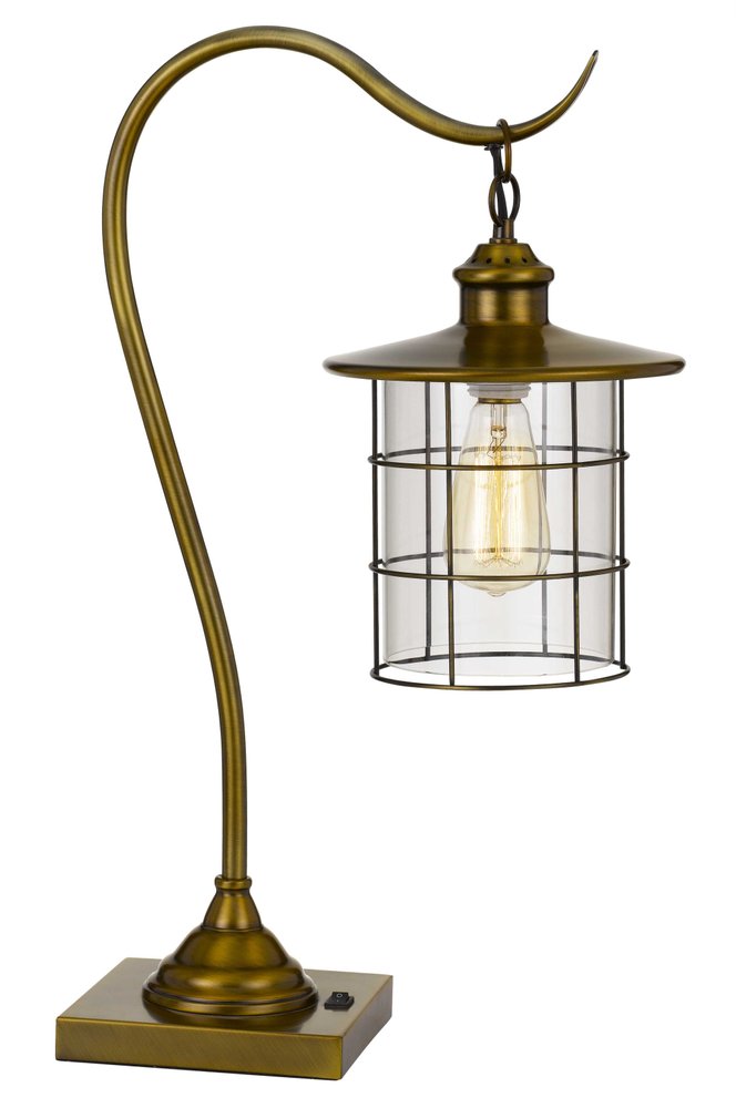 25" Antiqued Brass Metal Lantern Desk Lamp With Antiqued Brass Drum Shade. Lamp isolated on a plain white background, showing a metal surface.