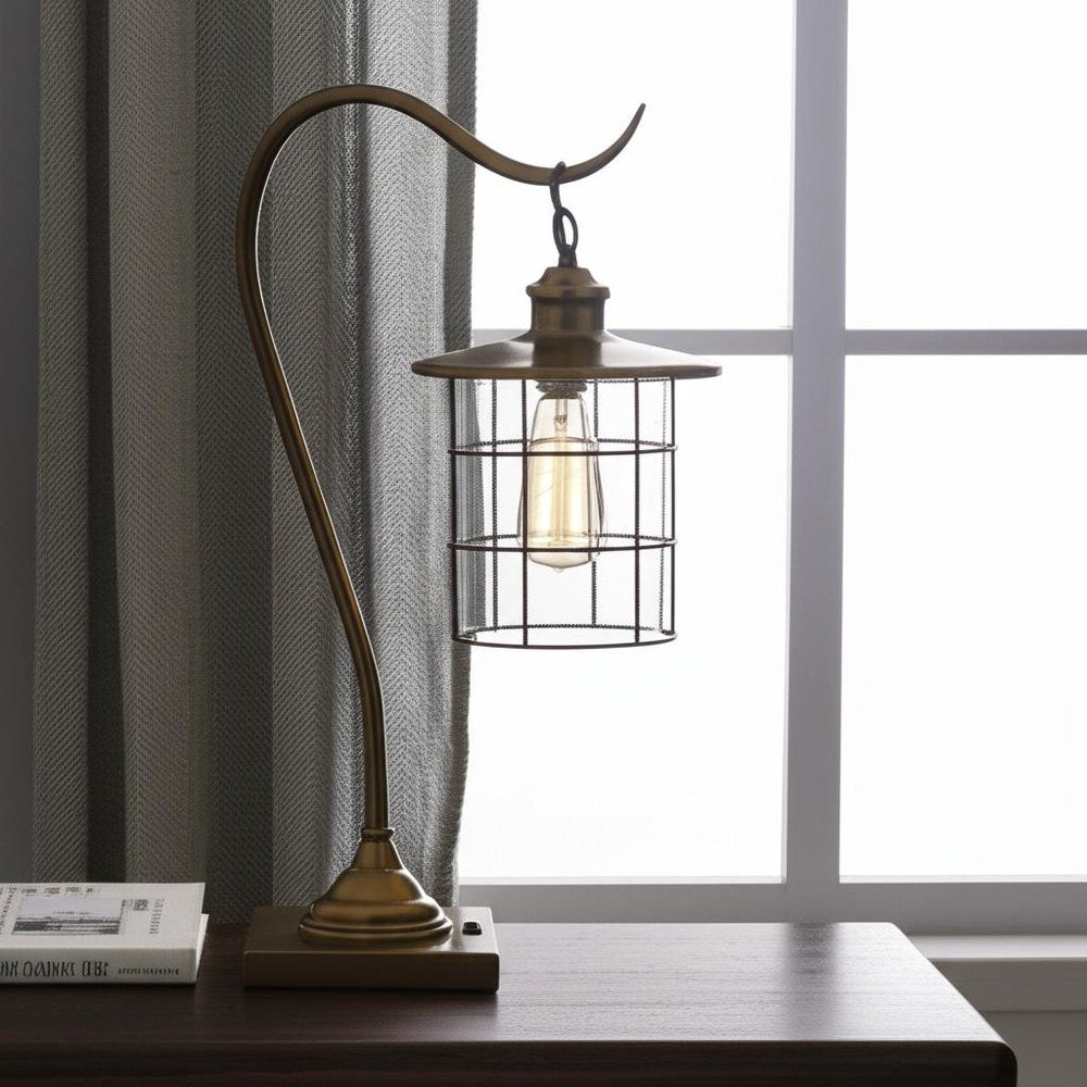 25" Antiqued Brass Metal Lantern Desk Lamp With Antiqued Brass Drum Shade.