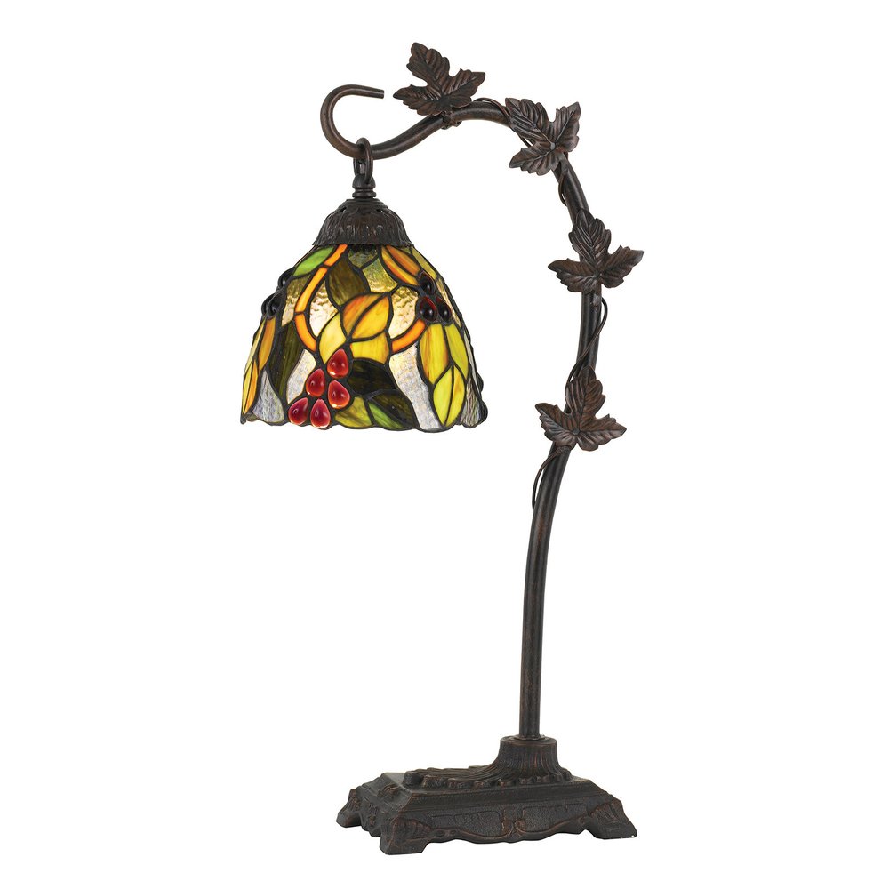 24" Bronze Metal Tiffany Style Table Lamp With Hanging Stained Glass Shade. Table lamp isolated on a plain white background, showing a glass surface.