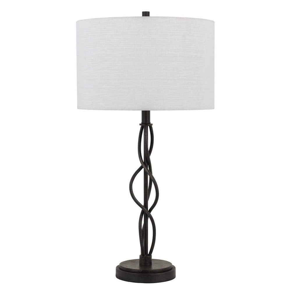 30" Black Metal Candlestick Table Lamp With Off White Drum Shade. Table lamp isolated on a plain white background, showing a off-white metal surface.