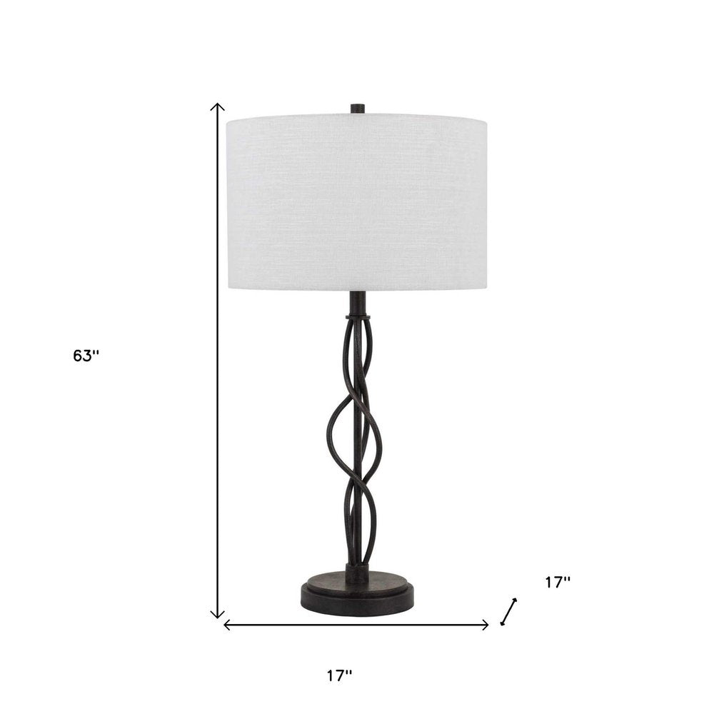 30" Black Metal Candlestick Table Lamp With Off White Drum Shade. Table lamp isolated on a plain white background, in a off-white metal finish.