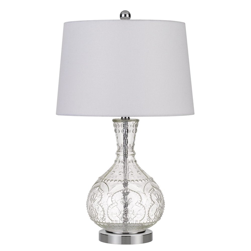 27" Clear Metal Round Table Lamp With White Shade. Table lamp isolated on a plain white background, showing a white metal surface.