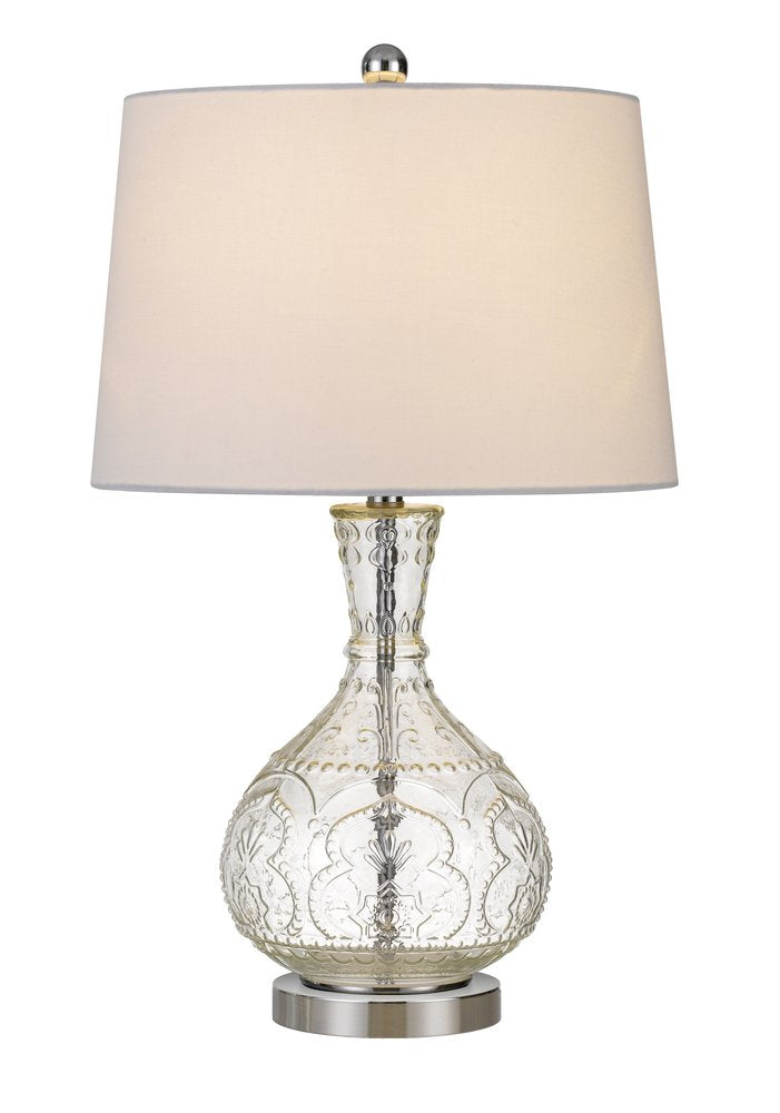 27" Clear Metal Round Table Lamp With White Shade. Table lamp isolated on a plain white background, finished in white metal.