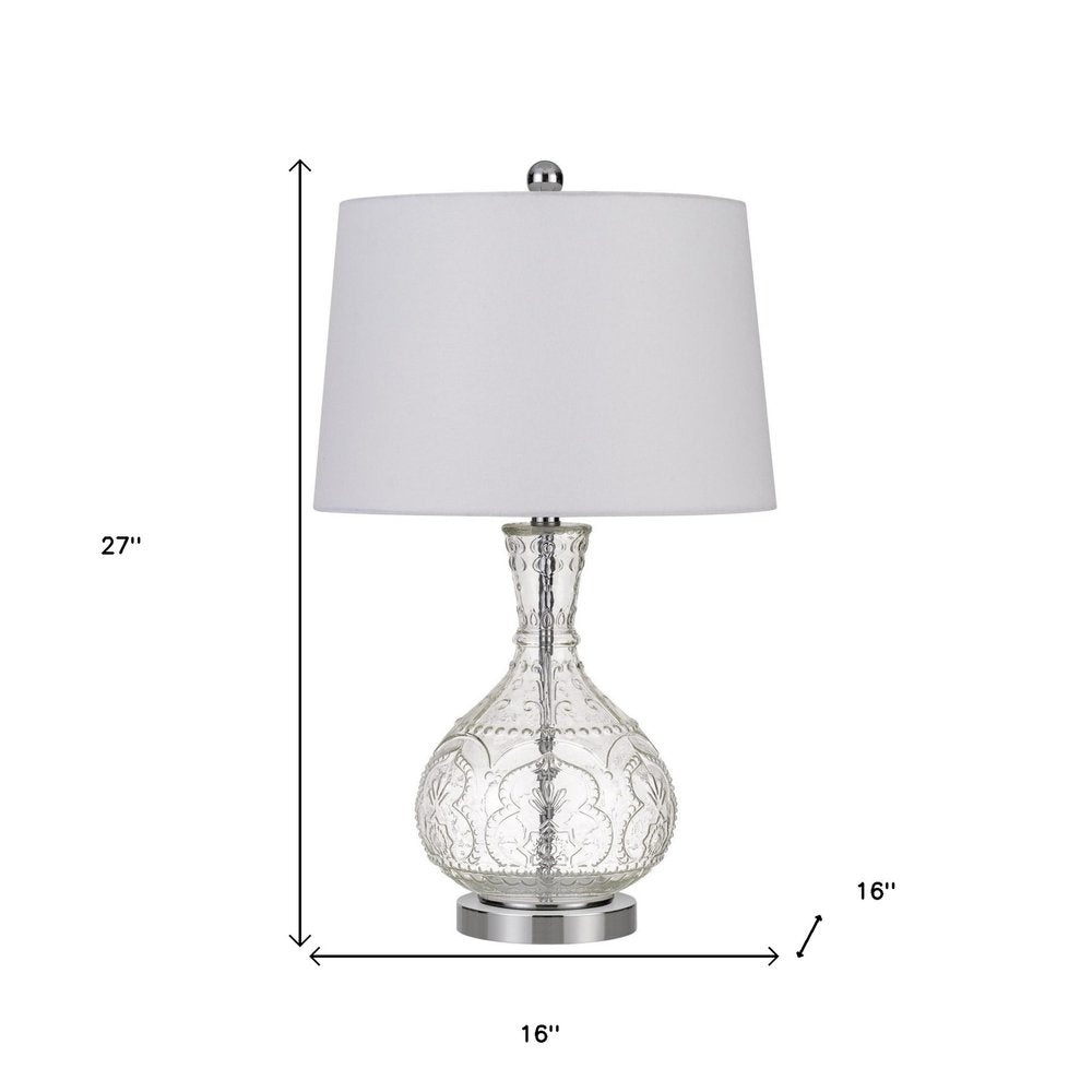 27" Clear Metal Round Table Lamp With White Shade. Table lamp isolated on a plain white background, in a white metal finish.