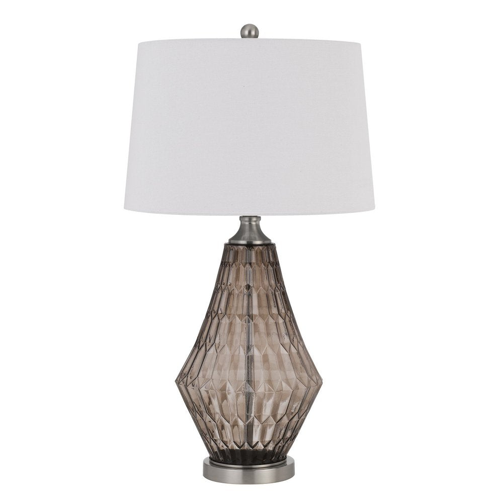 31" Gray Metal Geometric Table Lamp With Off White Empire Shade. Table lamp isolated on a plain white background, in a off-white metal finish.