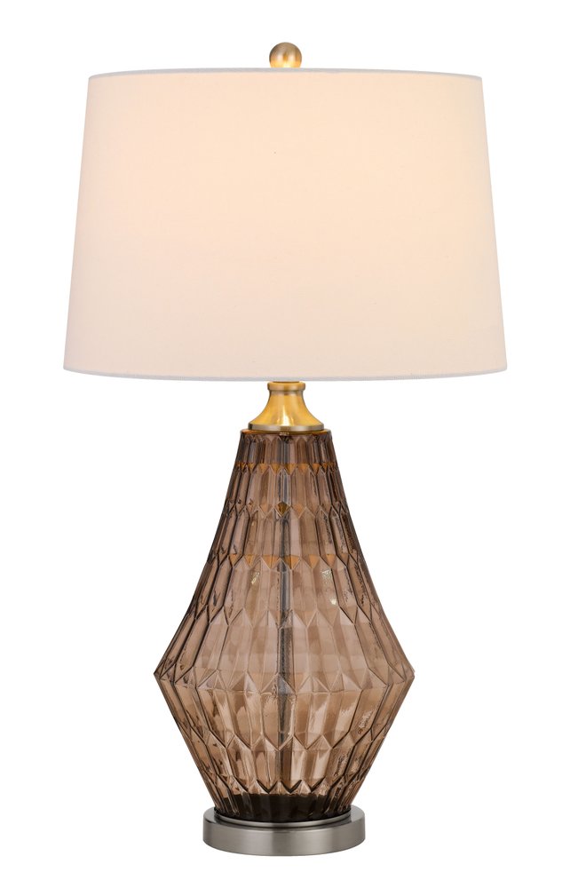 31" Gray Metal Geometric Table Lamp With Off White Empire Shade. Table lamp isolated on a plain white background, finished in off-white metal.