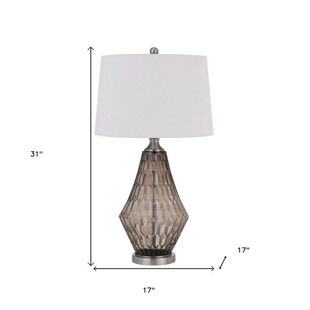 31" Gray Metal Geometric Table Lamp With Off White Empire Shade. Table lamp isolated on a plain white background, showing a off-white metal surface.