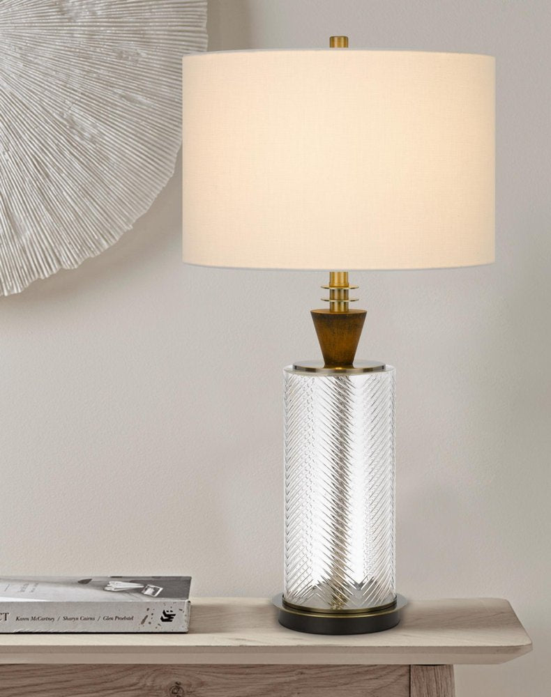 30" Clear Metal Table Lamp With White Empire Shade. Table lamp isolated on a plain white background, in a white metal finish.