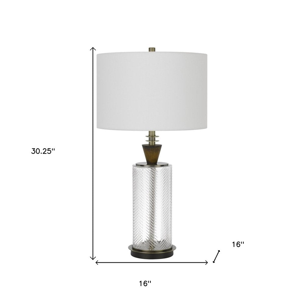 30" Clear Metal Table Lamp With White Empire Shade. Table lamp isolated on a plain white background, finished in white metal.