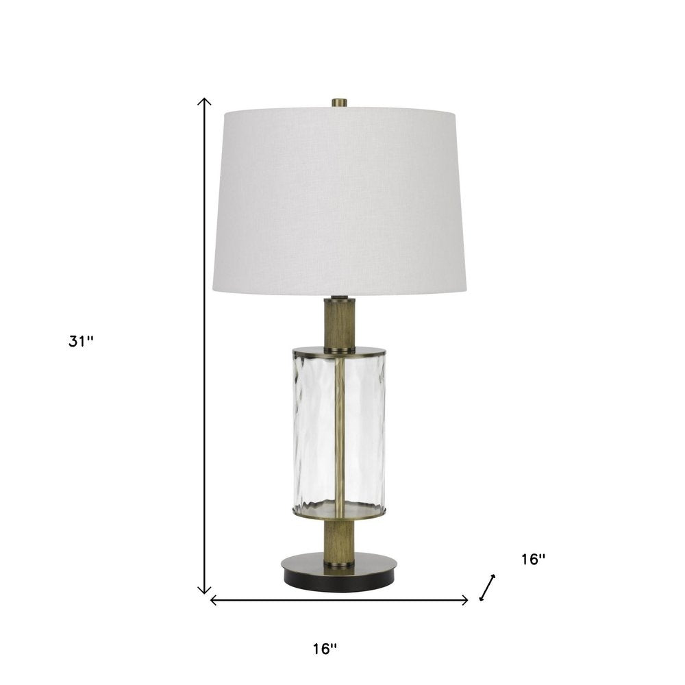 31" Clear Metal Table Lamp With White Empire Shade. Table lamp isolated on a plain white background, in a white metal finish.