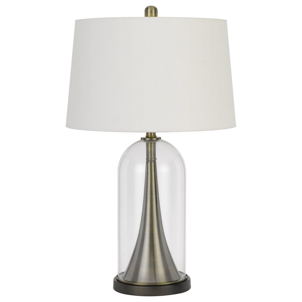 29" Clear Metal Table Lamp With White Empire Shade. Table lamp isolated on a plain white background, showing a white metal surface.