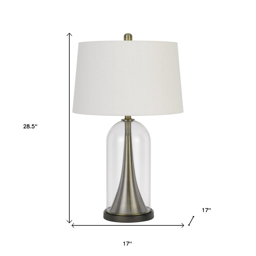 29" Clear Metal Table Lamp With White Empire Shade. Table lamp isolated on a plain white background, in a white metal finish.
