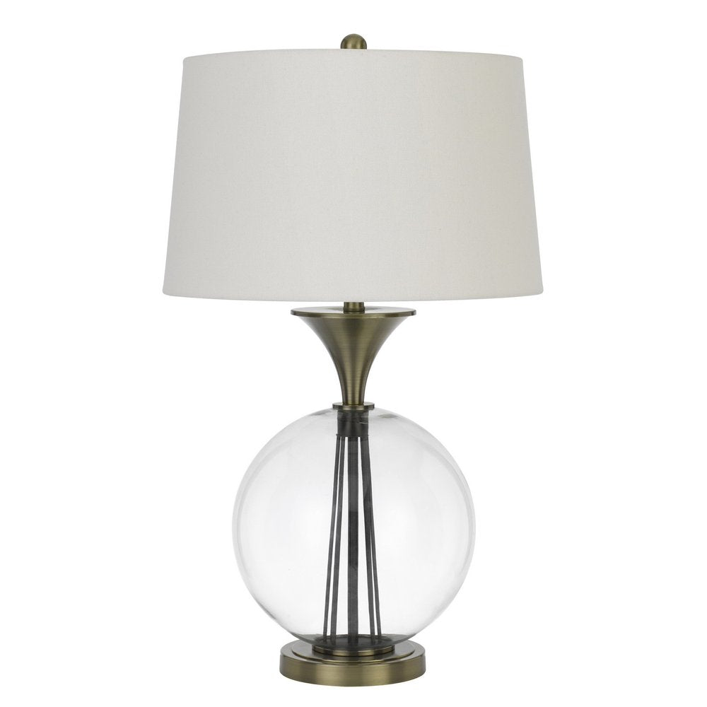 31" Bronze Metal Globe Table Lamp With White Empire Shade. Table lamp isolated on a plain white background, showing a white metal surface.