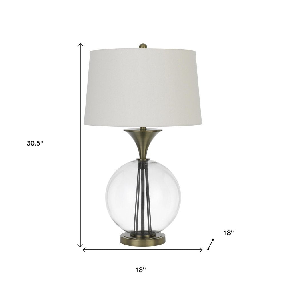 31" Bronze Metal Globe Table Lamp With White Empire Shade. Table lamp isolated on a plain white background, finished in white metal.