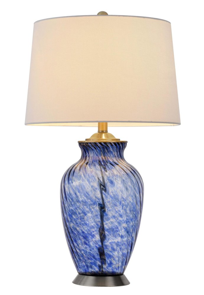 28" Blue Swirl Glass Table Lamp With White Empire Shade. Table lamp isolated on a plain white background, showing a white glass surface.