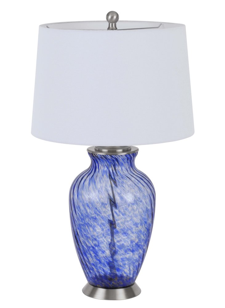 28" Blue Swirl Glass Table Lamp With White Empire Shade. Table lamp isolated on a plain white background, in a white glass finish.