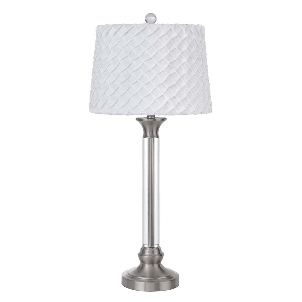 32" Nickel Metal Table Lamp With White Empire Shade. Table lamp isolated on a plain white background, finished in silver metal.