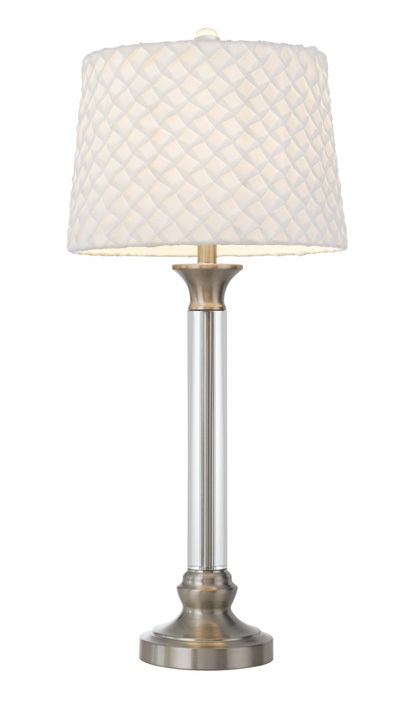 32" Nickel Metal Table Lamp With White Empire Shade. Table lamp isolated on a plain white background, showing a silver metal surface.