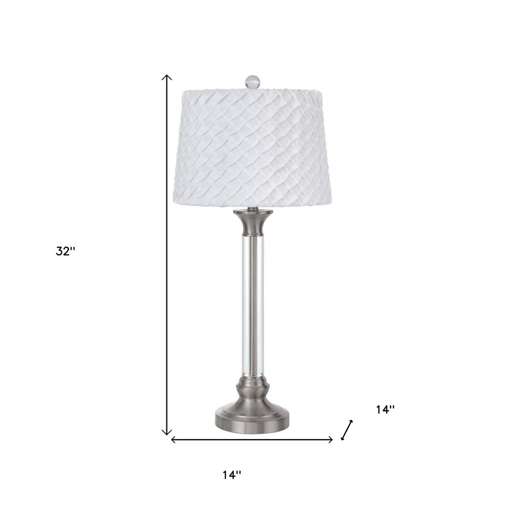 32" Nickel Metal Table Lamp With White Empire Shade. Table lamp isolated on a plain white background, in a silver metal finish.