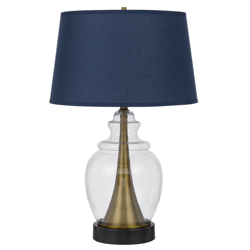30" Black Metal Urn Table Lamp With Navy Blue Empire Shade. Table lamp isolated on a plain white background, showing a navy metal surface.