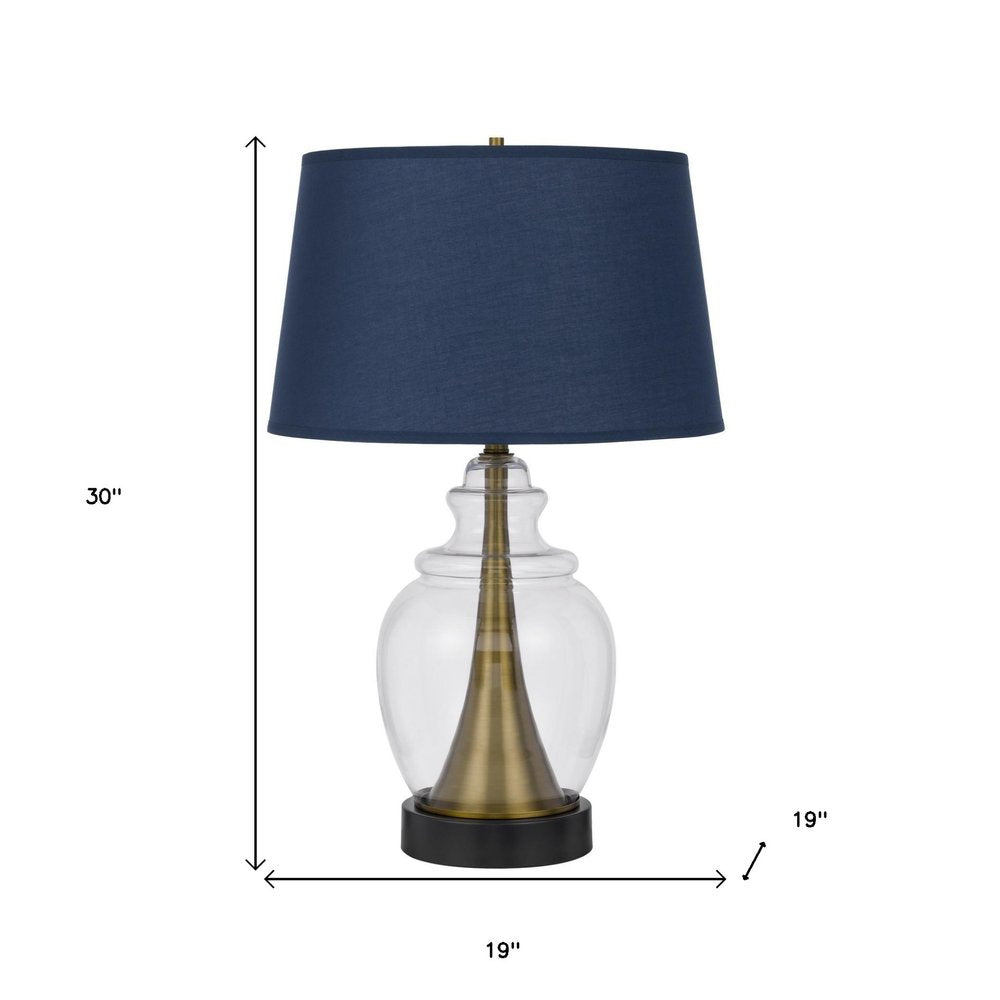 30" Black Metal Urn Table Lamp With Navy Blue Empire Shade. Table lamp isolated on a plain white background, finished in navy metal.