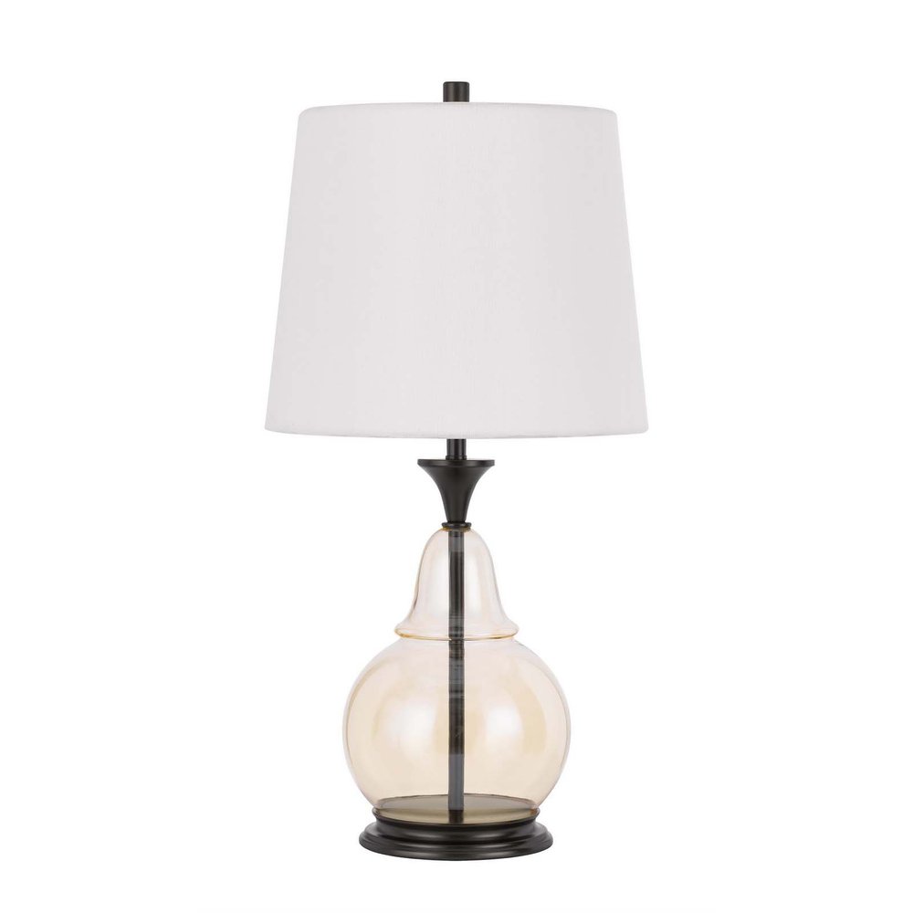 28" Clear Metal Table Lamp With White Empire Shade. Table lamp isolated on a plain white background, showing a white metal surface.