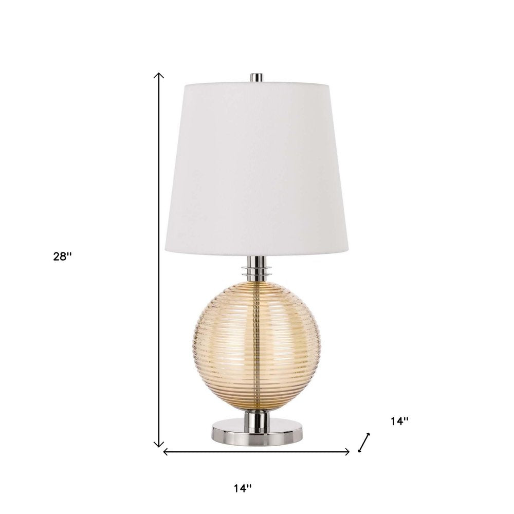 28" Nickel Metal Globe Table Lamp With White Empire Shade. Table lamp isolated on a plain white background, finished in white metal.