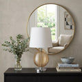 28" Nickel Metal Globe Table Lamp With White Empire Shade displayed on a tabletop in a furnished interior against a tan wall in silver metal.